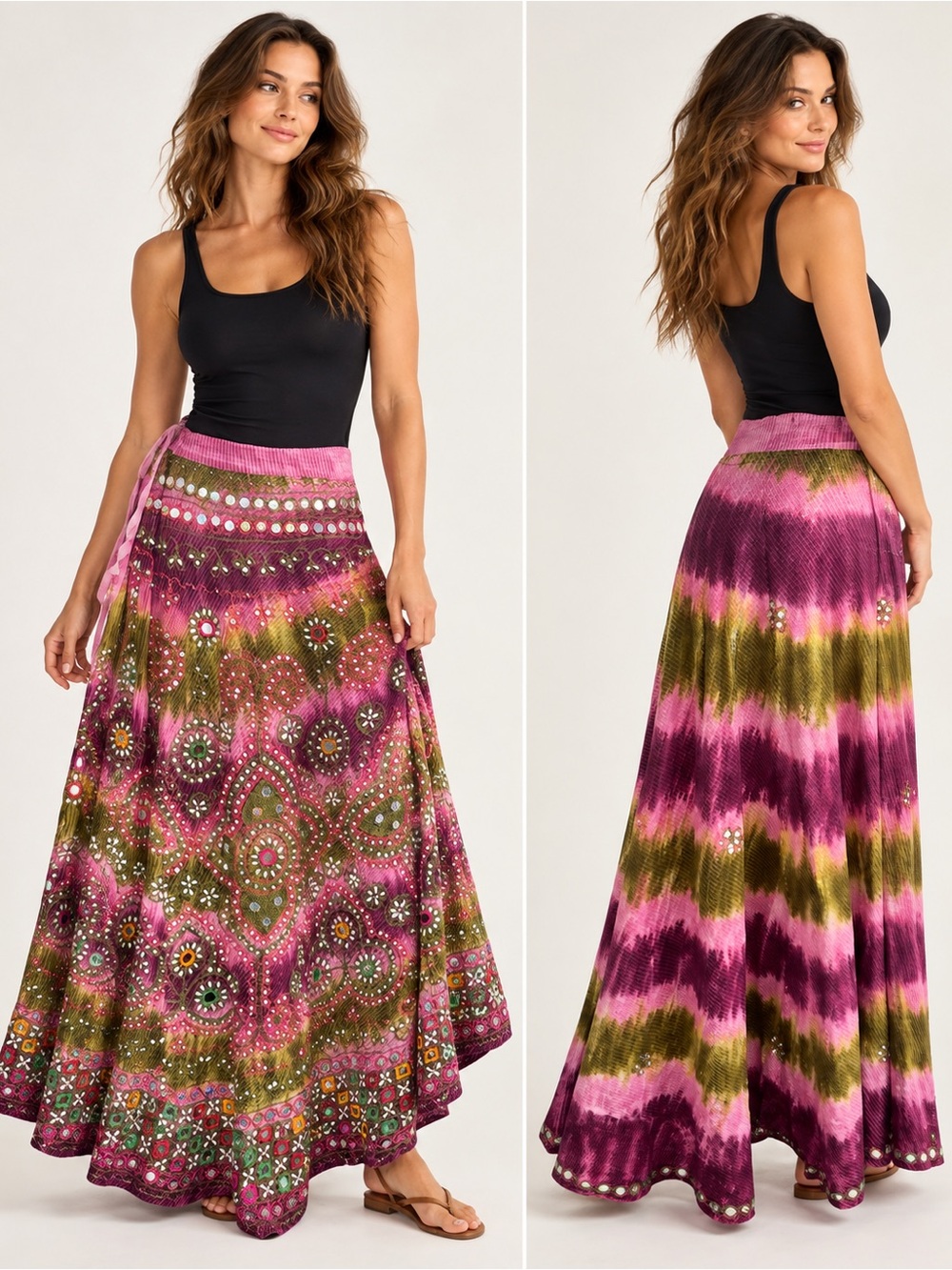 Boho Embellished Mirror Sequin Maxi Skirt Pink Olive Y2K Festival Gypsy
